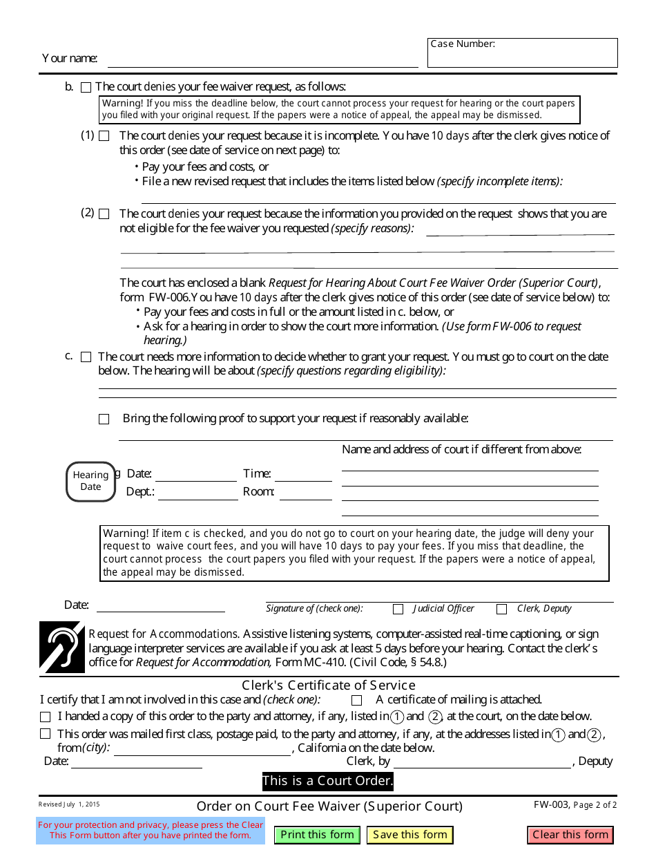 Form FW-003 Order on Court Fee Waiver (Superior Court) - California, Page 2