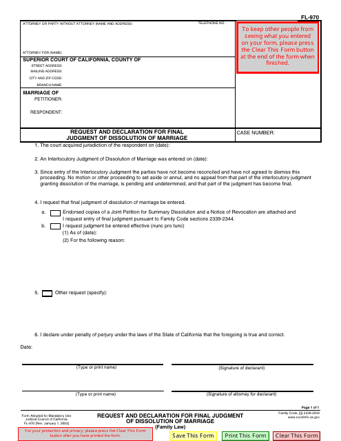 Form FL-970 Request and Declaration for Final Judgment of Dissolution of Marriage - California