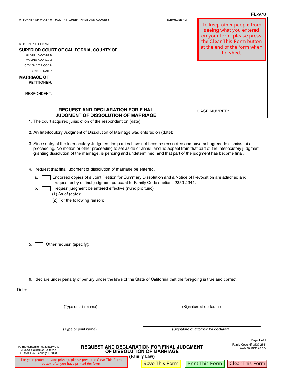 Form FL-970 Request and Declaration for Final Judgment of Dissolution of Marriage - California, Page 1
