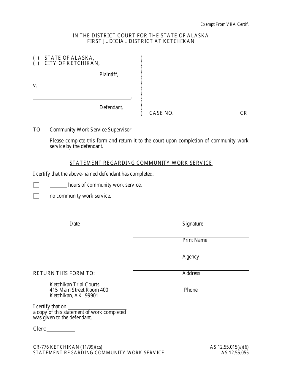 Form CR-776 Statement Regarding Community Work Service - City of Ketchikan, Alaska, Page 1