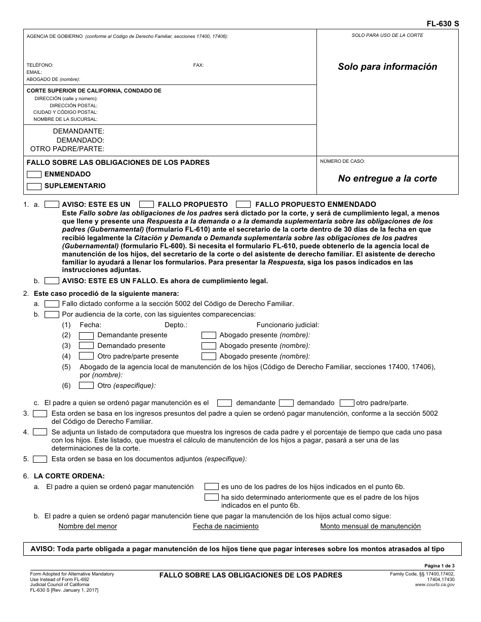Formulario FL-630 S Fallo Sobre Las Obligaciones De Los Padres - California (Spanish), Page 1