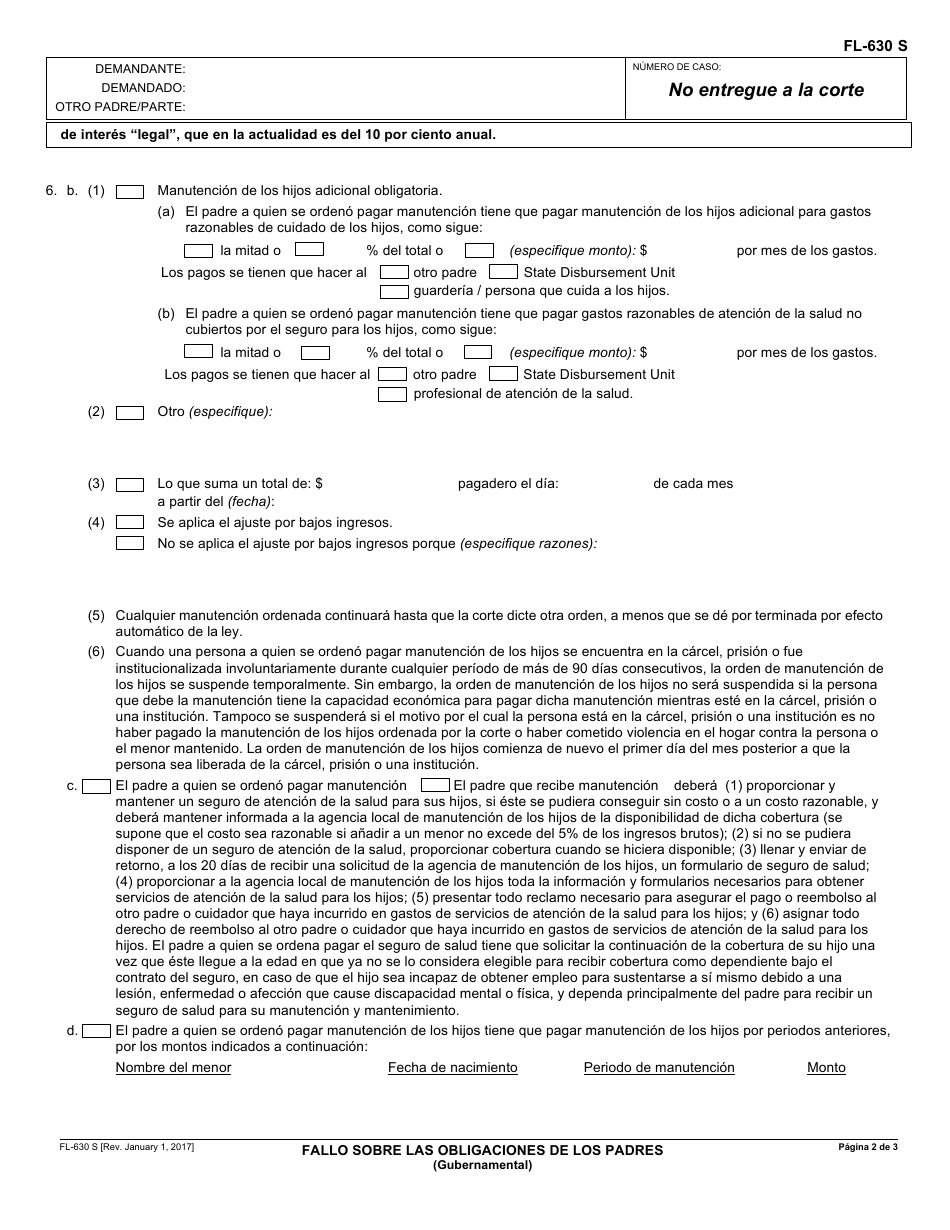 Formulario FL-630 S Fallo Sobre Las Obligaciones De Los Padres - California (Spanish), Page 2