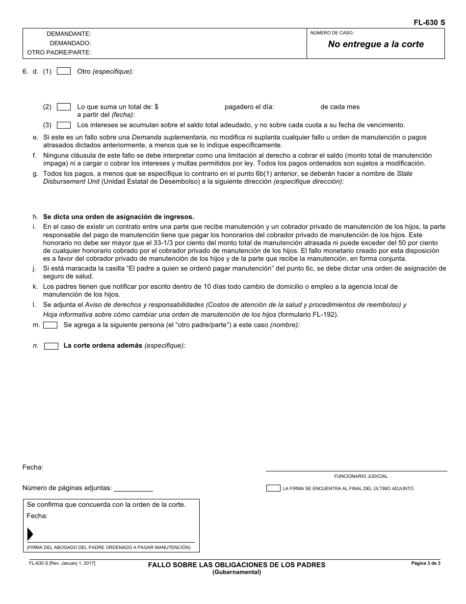 Formulario FL-630 S Fallo Sobre Las Obligaciones De Los Padres - California (Spanish), Page 3