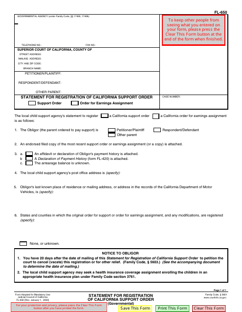 Form FL-650 Statement for Registration of California Support Order - California