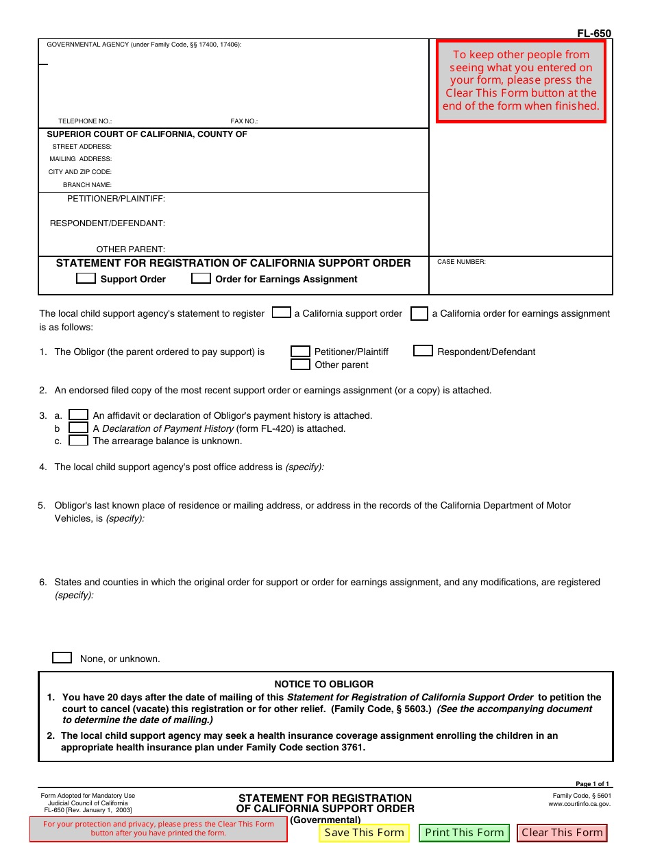 Form FL-650 Statement for Registration of California Support Order - California, Page 1