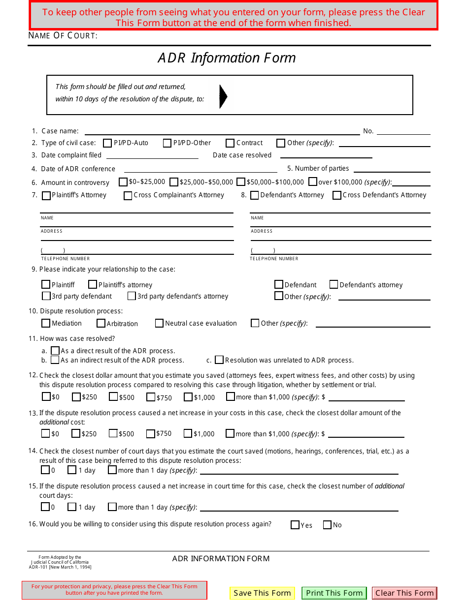 Form ADR-101 Adr Information Form - California, Page 1