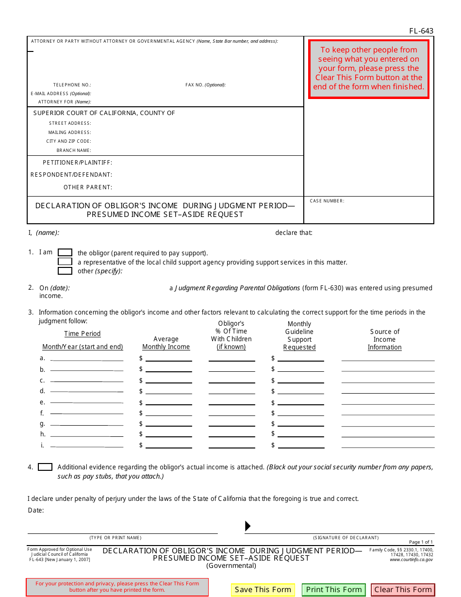 Form FL-643 Declaration of Obligors Income During Judgment Period - Presumed Income Set-Aside Request - California, Page 1