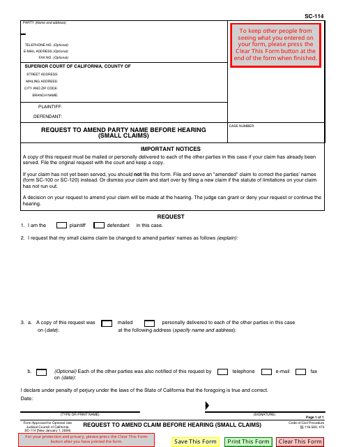 Form SC-114 Request to Amend Claim Before Hearing (Small Claims) - California