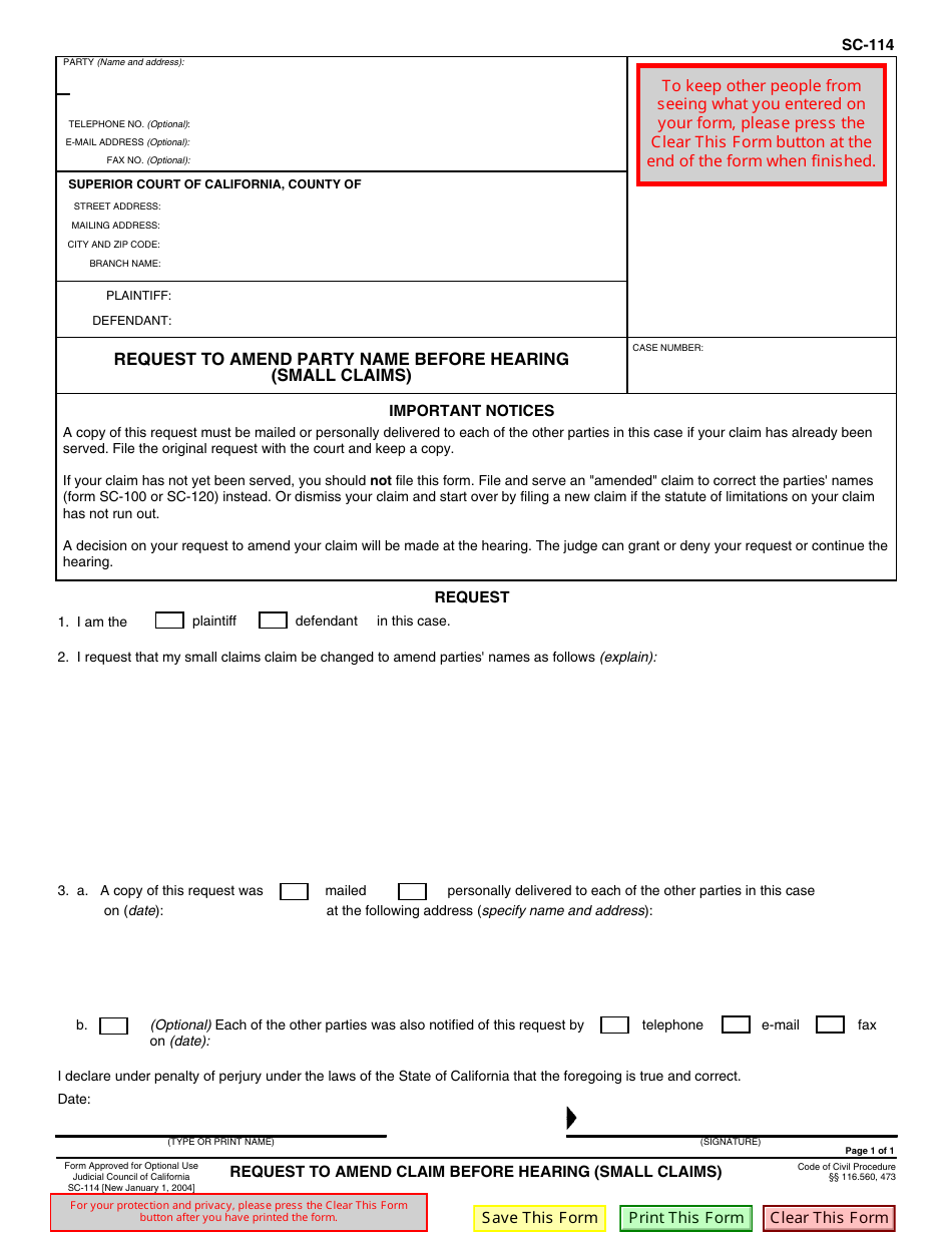 Form SC-114 Request to Amend Claim Before Hearing (Small Claims) - California, Page 1