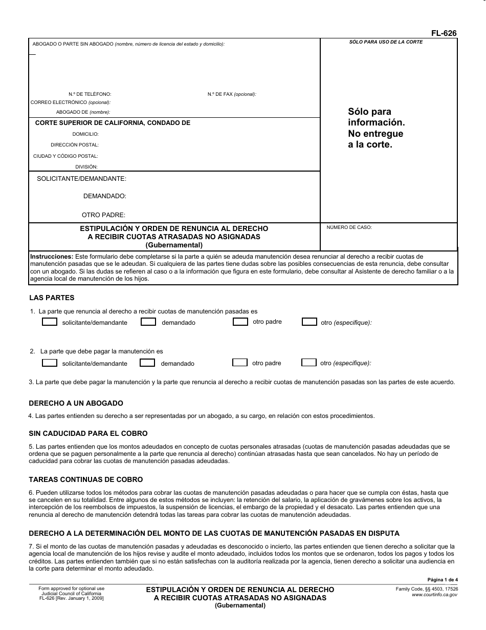 Formulario FL-626 Estipulacion Y Orden De Renuncia Al Derecho a Recibir Cuotas Atrasadas No Asignadas (Gubernamental) - California (Spanish), Page 1