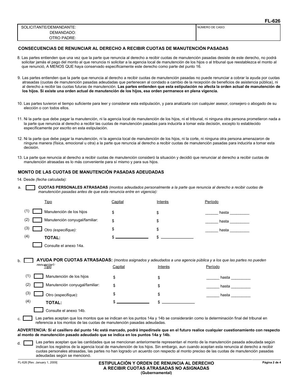 Formulario FL-626 Estipulacion Y Orden De Renuncia Al Derecho a Recibir Cuotas Atrasadas No Asignadas (Gubernamental) - California (Spanish), Page 2
