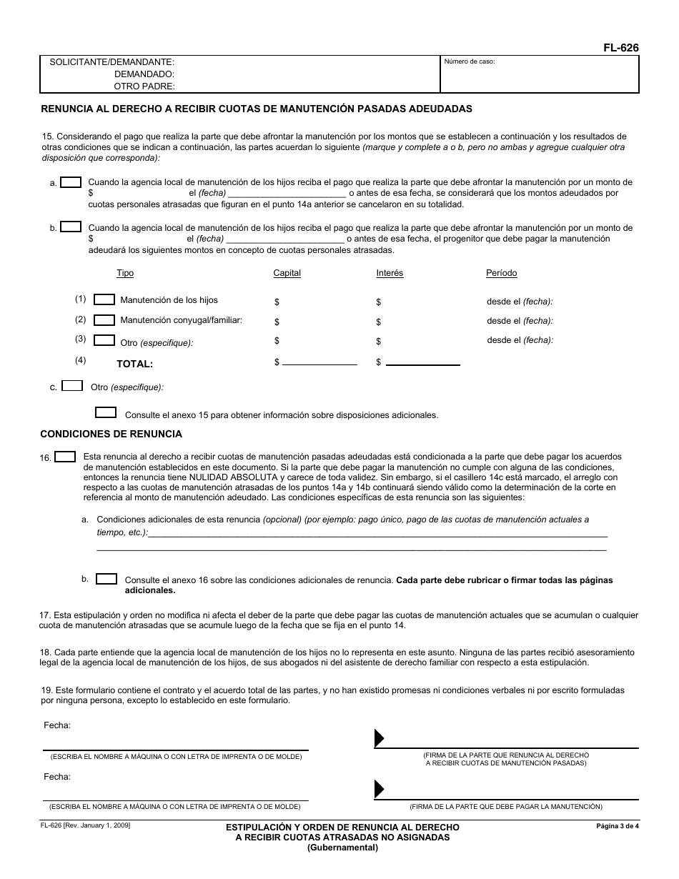 Formulario FL-626 Estipulacion Y Orden De Renuncia Al Derecho a Recibir Cuotas Atrasadas No Asignadas (Gubernamental) - California (Spanish), Page 3