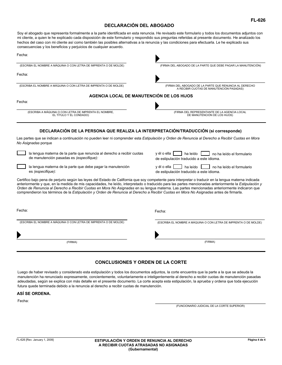 Formulario FL-626 Estipulacion Y Orden De Renuncia Al Derecho a Recibir Cuotas Atrasadas No Asignadas (Gubernamental) - California (Spanish), Page 4