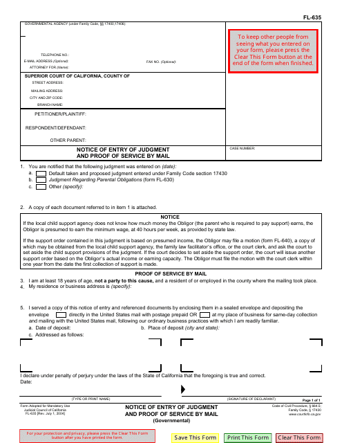 Form FL-635 Notice of Entry of Judgment and Proof of Service by Mail (Governmental) - California