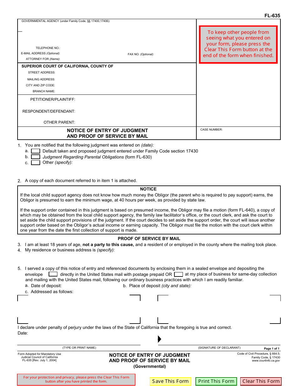 Form FL-635 Notice of Entry of Judgment and Proof of Service by Mail (Governmental) - California, Page 1