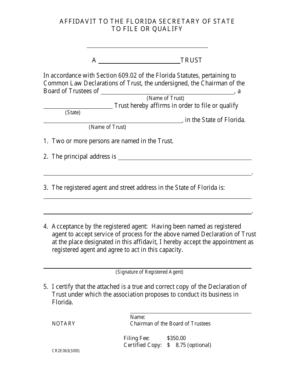 Form CR2E063 Affidavit to the Florida Secretary of State to File or Qualify - Florida, Page 1