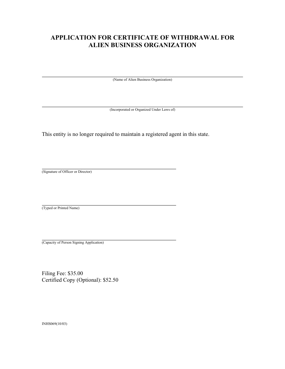 Form INHS069 Application for Certificate of Withdrawal for Alien Business Organization - Florida, Page 1