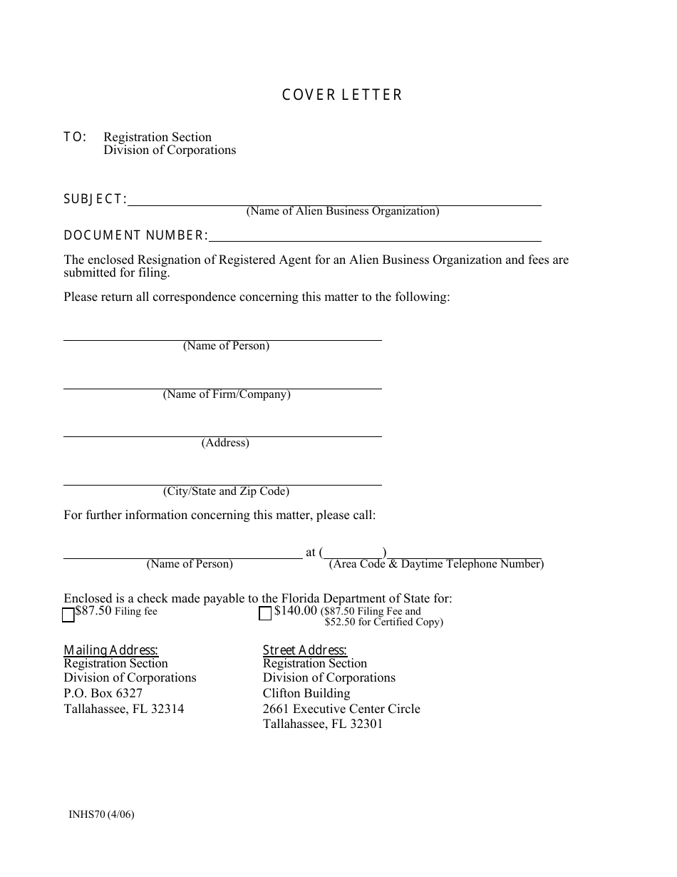 Form INHS70 Resignation of Registered Agent for an Alien Business Organization - Florida, Page 1