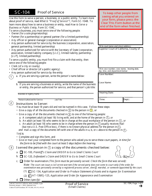 Form SC-104 Proof of Service - California