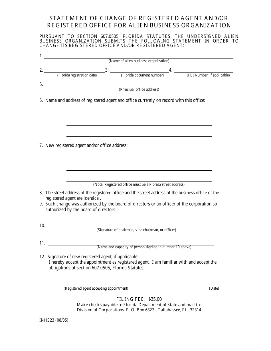 Form INHS23 Statement of Change of Registered Agent and / or Registered Office for Alien Business Organization - Florida, Page 2