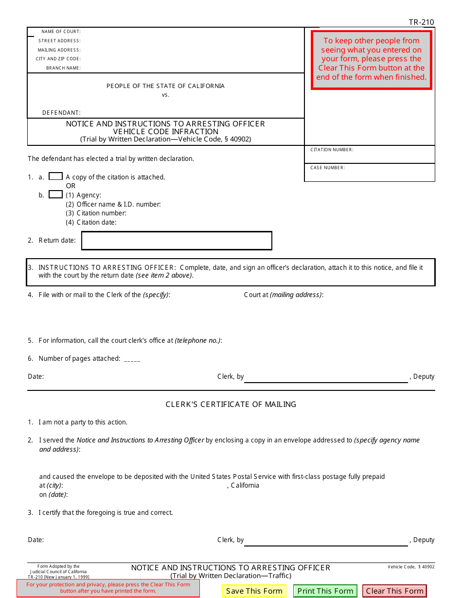 Form Tr 210 Download Fillable Pdf Or Fill Online Notice And Instructions To Arresting Officer Vehicle Code Infraction Trial By Written Declaration Vehicle Code 40902 California Templateroller