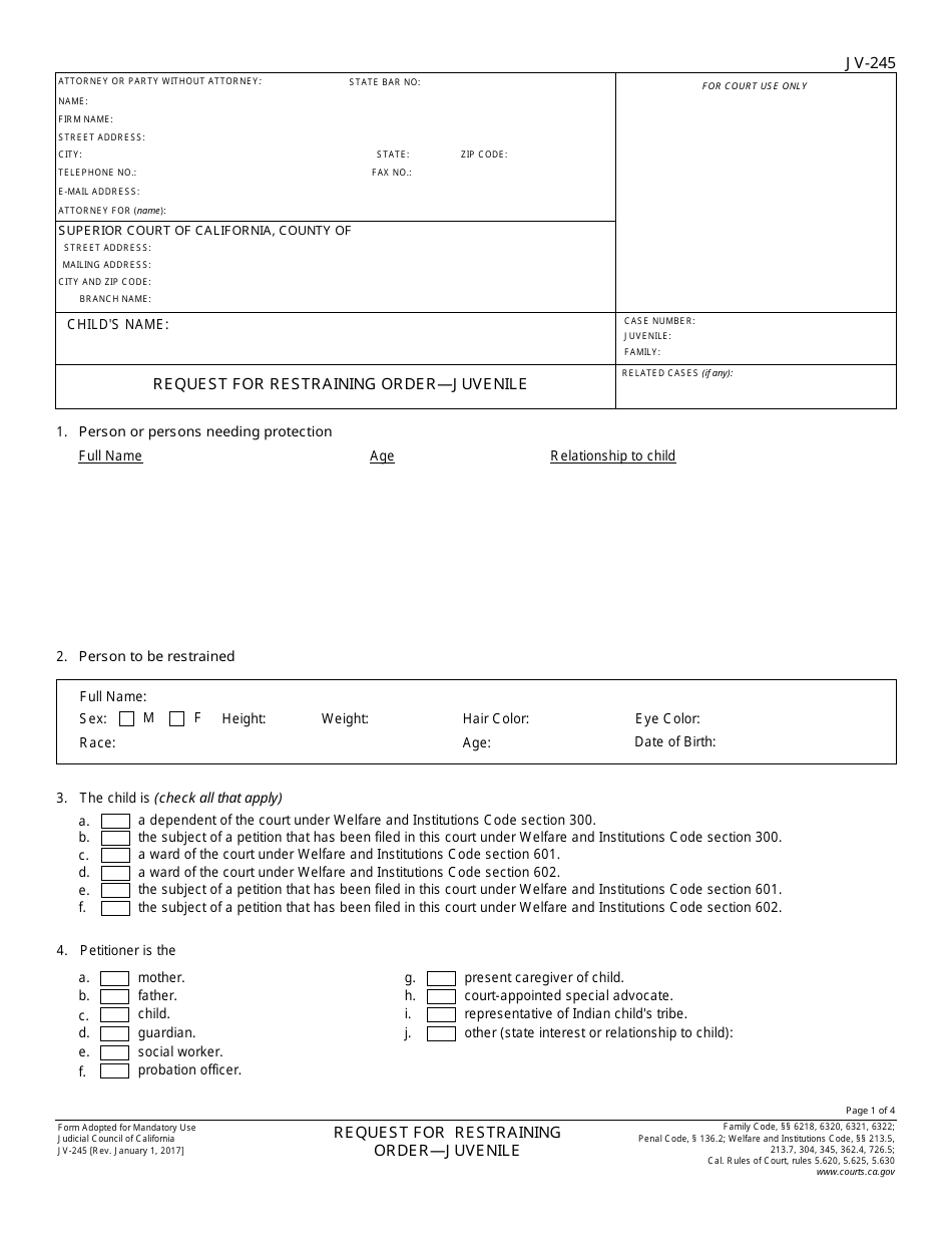 Form JV-245 Request for Restraining Order - Juvenile - California, Page 1