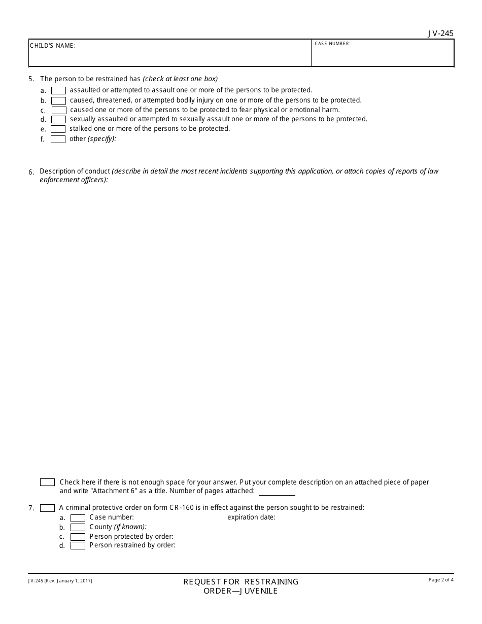 Form JV-245 Request for Restraining Order - Juvenile - California, Page 2