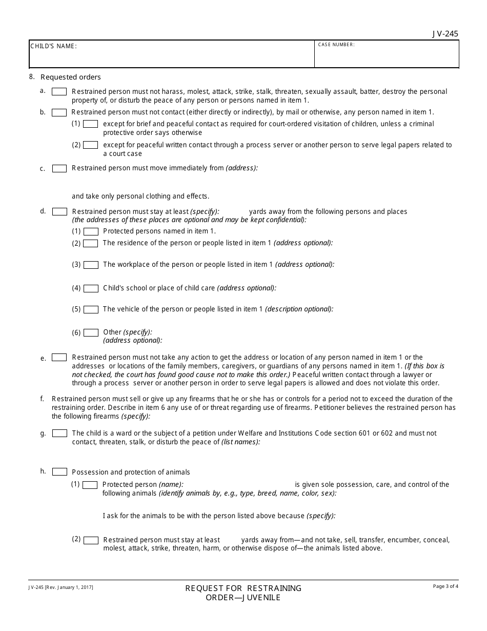 Form JV-245 Request for Restraining Order - Juvenile - California, Page 3