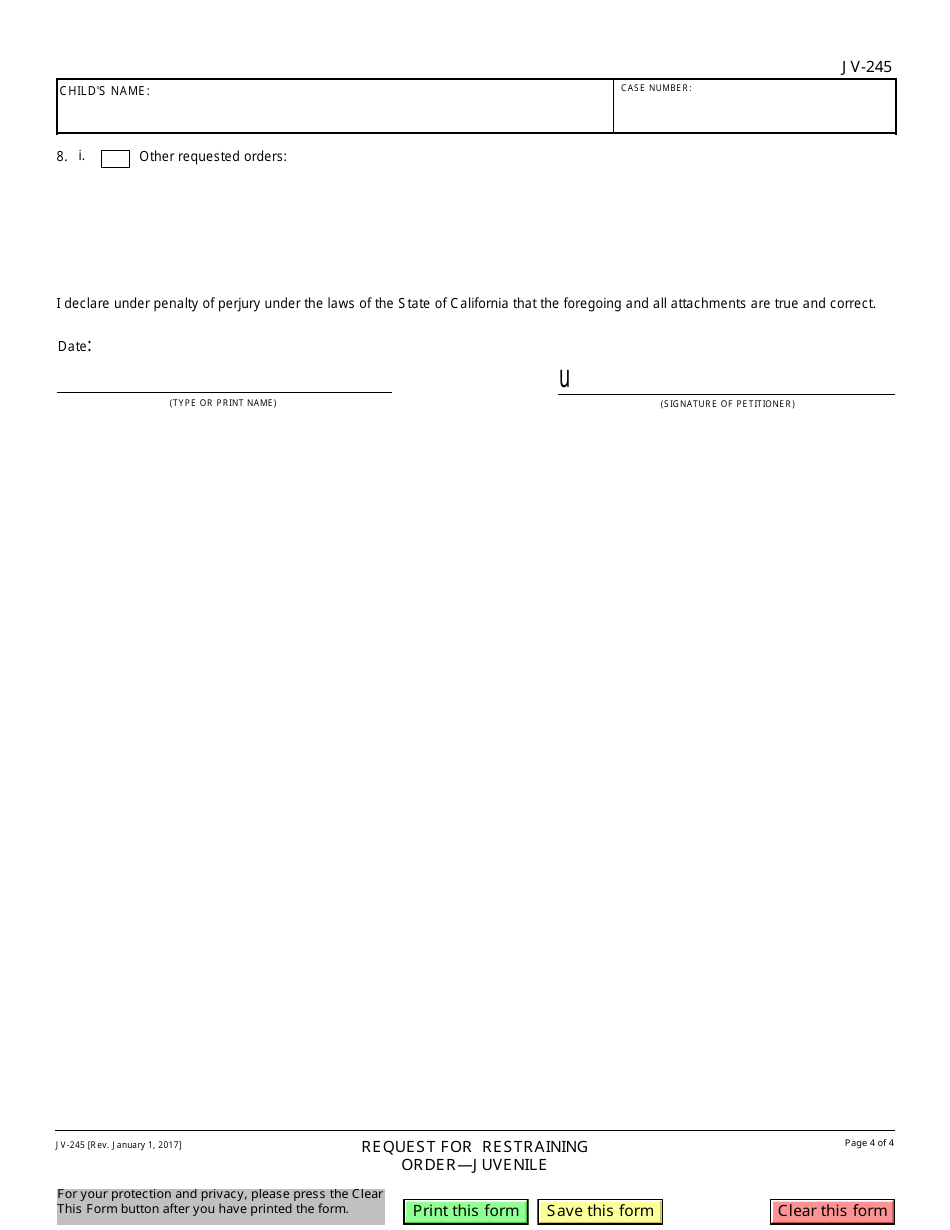 Form JV-245 Request for Restraining Order - Juvenile - California, Page 4