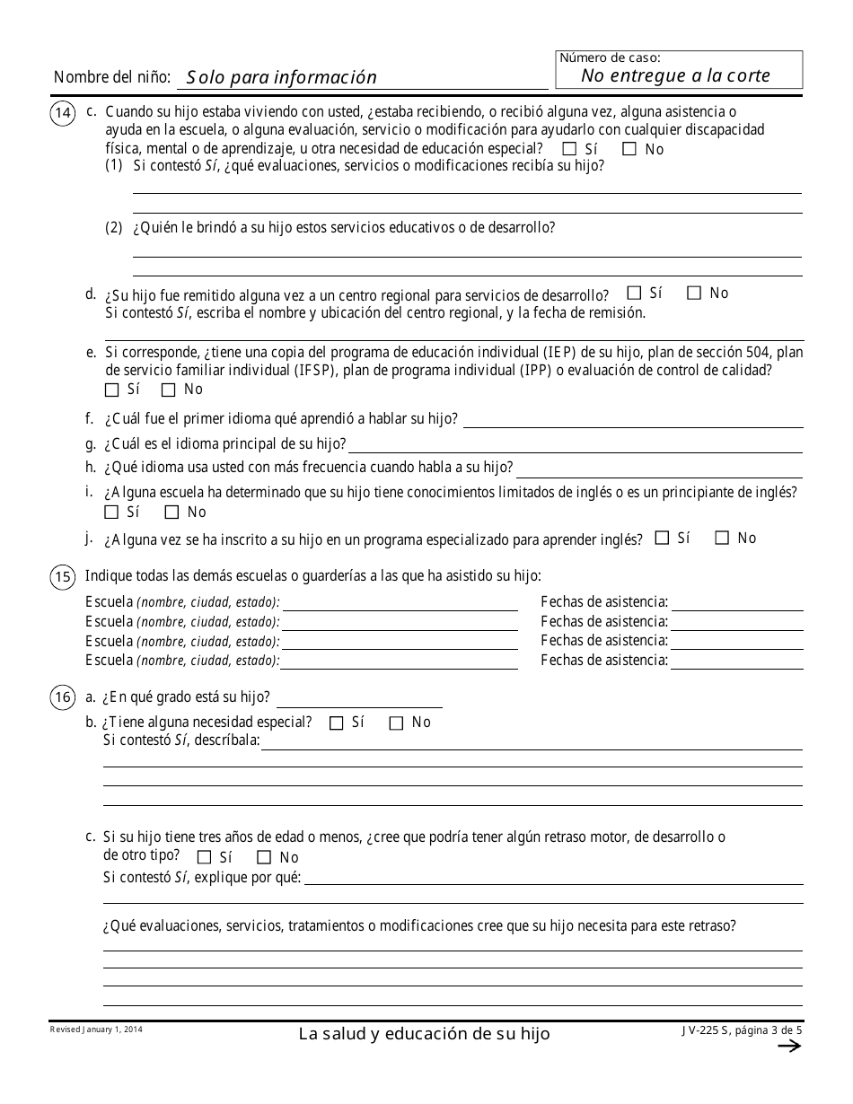 Formulario JV-225 S La Salud Y Educacion De Su Hijo - California (Spanish), Page 3