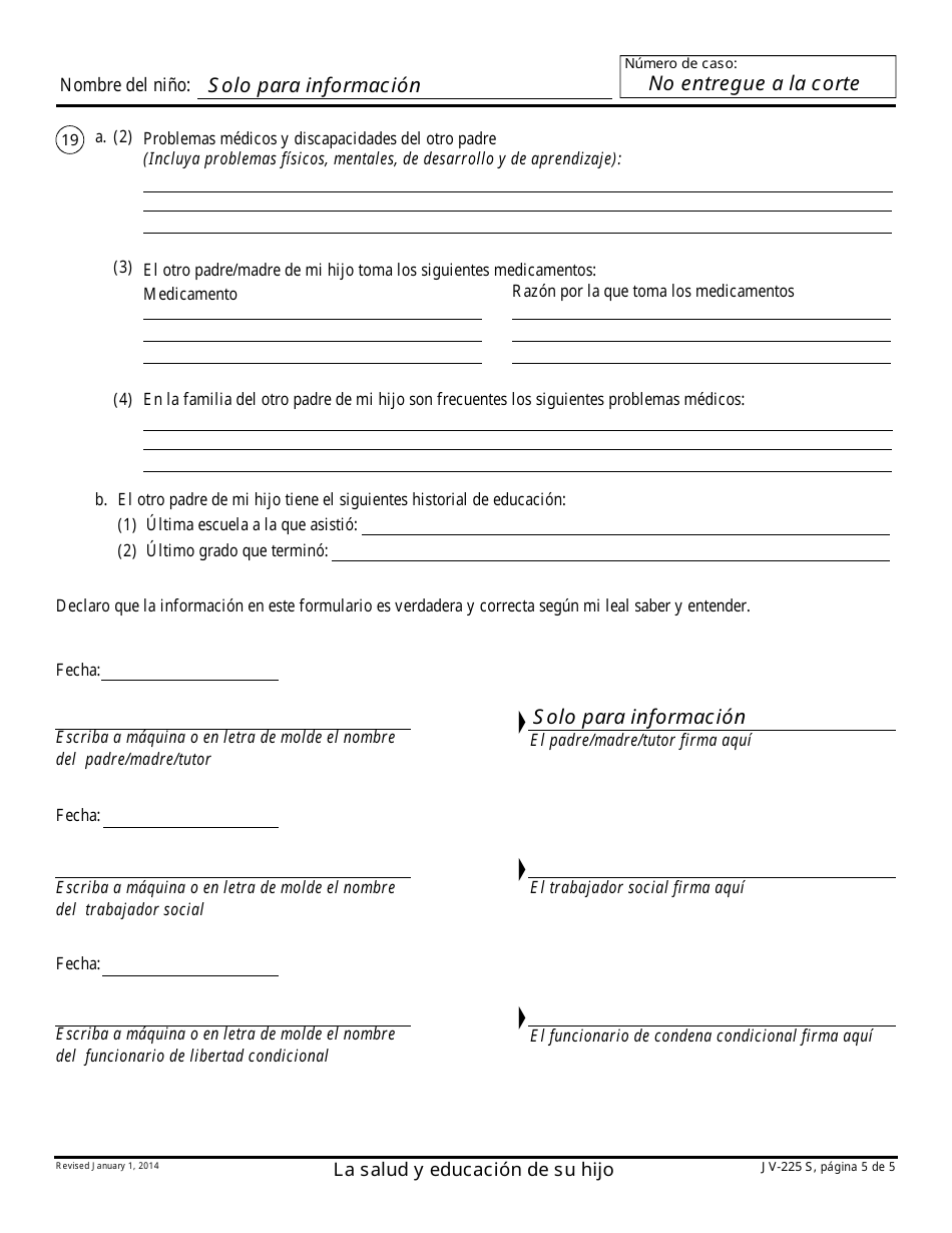 Formulario JV-225 S La Salud Y Educacion De Su Hijo - California (Spanish), Page 5