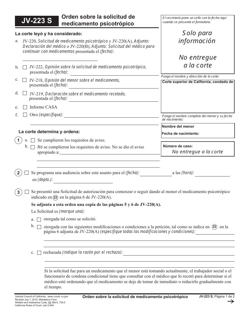 Formulario JV-223 S Orden Sobre La Solicitud De Medicamento Psicotropico - California (Spanish), Page 1