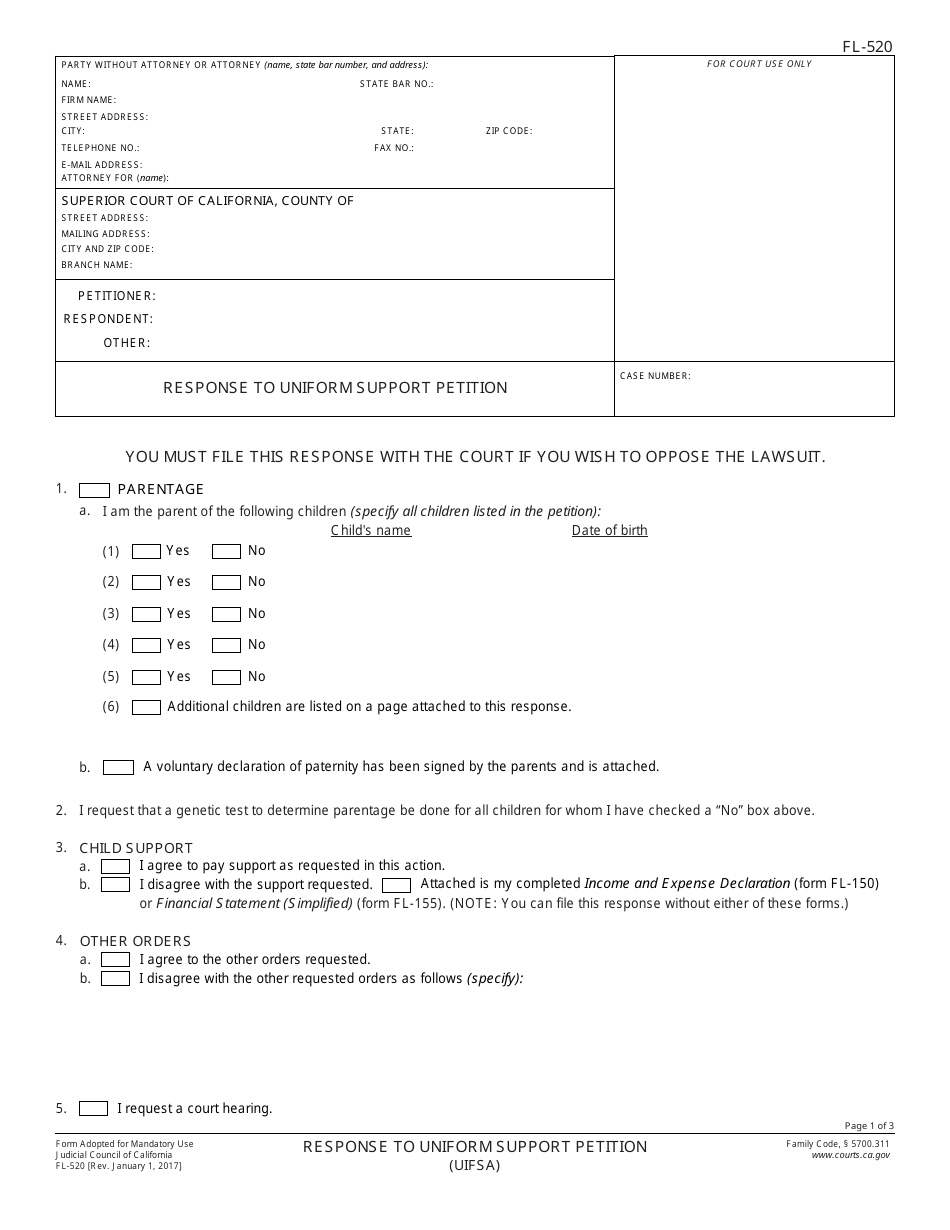Form FL-520 Response to Uniform Support Petition (Uifsa) - California, Page 1