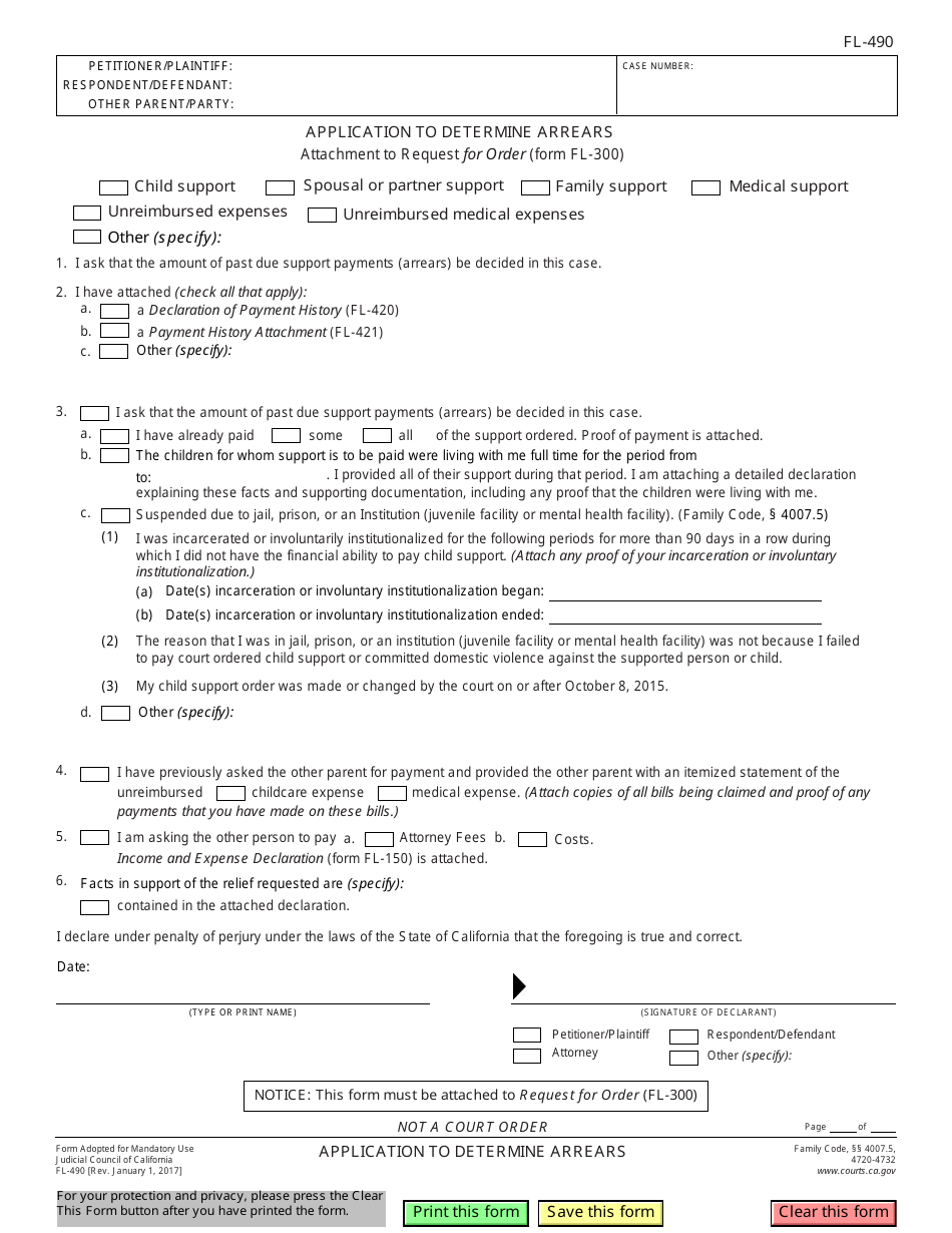 Form FL-490 Application to Determine Arrears - California, Page 1