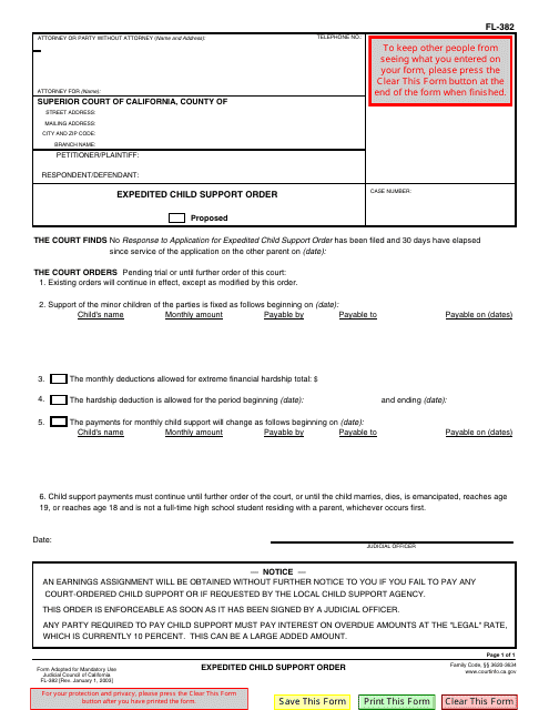 Form FL-382 Expedited Child Support Order - California