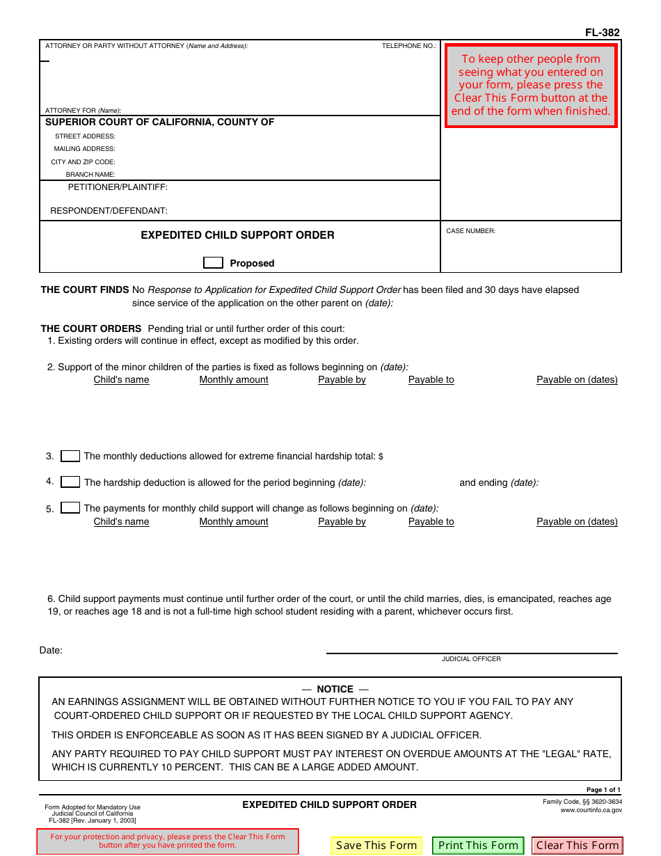 Form FL-382 Expedited Child Support Order - California, Page 1