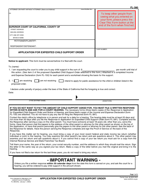 Form FL-380 Application for Expedited Child Support Order - California