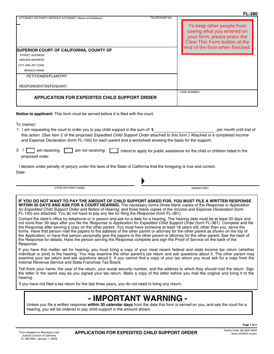 Form FL-380 Application for Expedited Child Support Order - California, Page 1