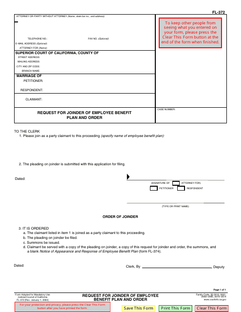 Form FL-372 Request for Joinder of Employee Benefit Plan and Order - California
