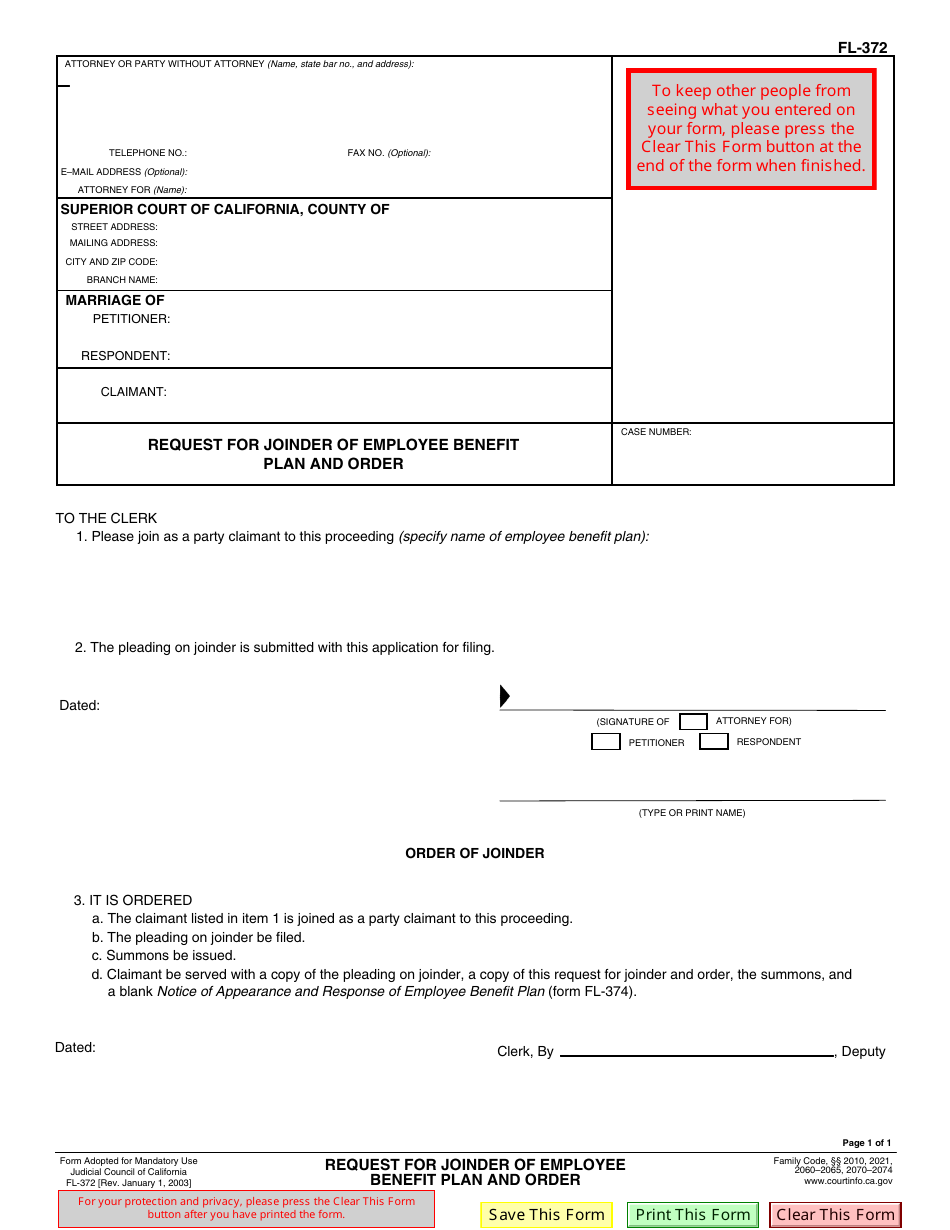 Form FL-372 Request for Joinder of Employee Benefit Plan and Order - California, Page 1