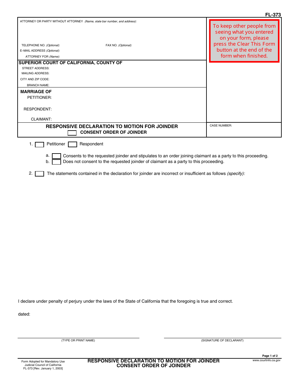 Form FL-373 Responsive Declaration to Motion for Joinder and Consent Order of Joinder - California, Page 1