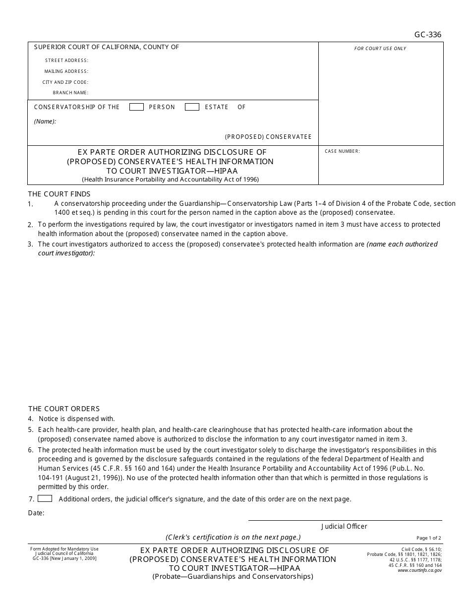 Form GC-336 Ex Parte Order Authorizing Disclosure of (Proposed) Conservatees Health Information to Court Investigator - Hipaa - California, Page 1