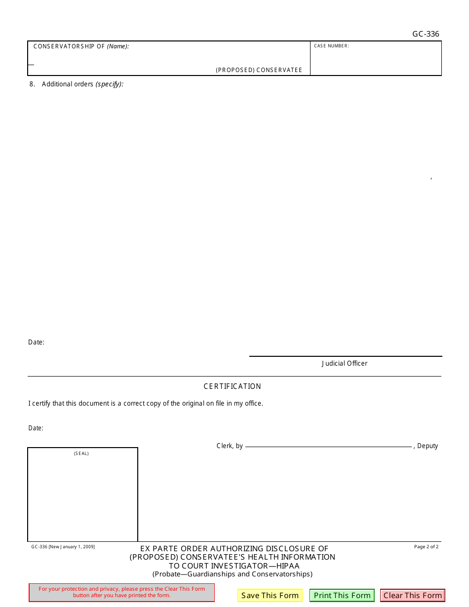 Form GC-336 Ex Parte Order Authorizing Disclosure of (Proposed) Conservatees Health Information to Court Investigator - Hipaa - California, Page 2