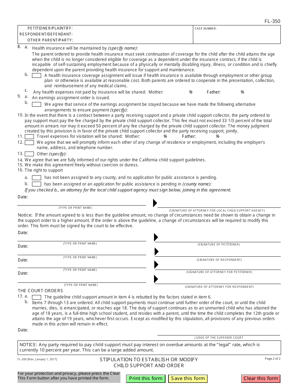 Form FL-350 Stipulation to Establish or Modify Child Support and Order - California, Page 2