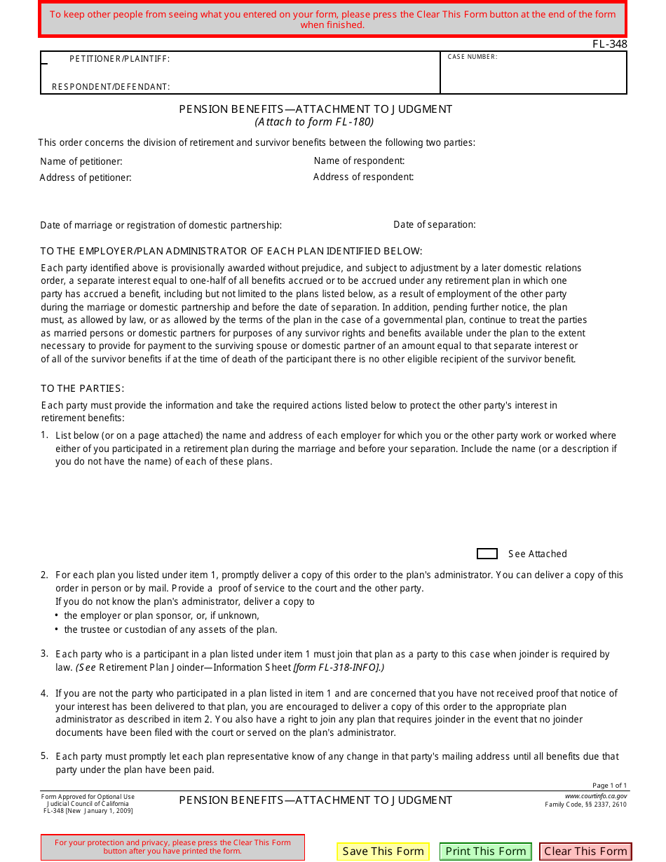 Form FL-348 Pension Benefits  Attachment to Judgment - California, Page 1