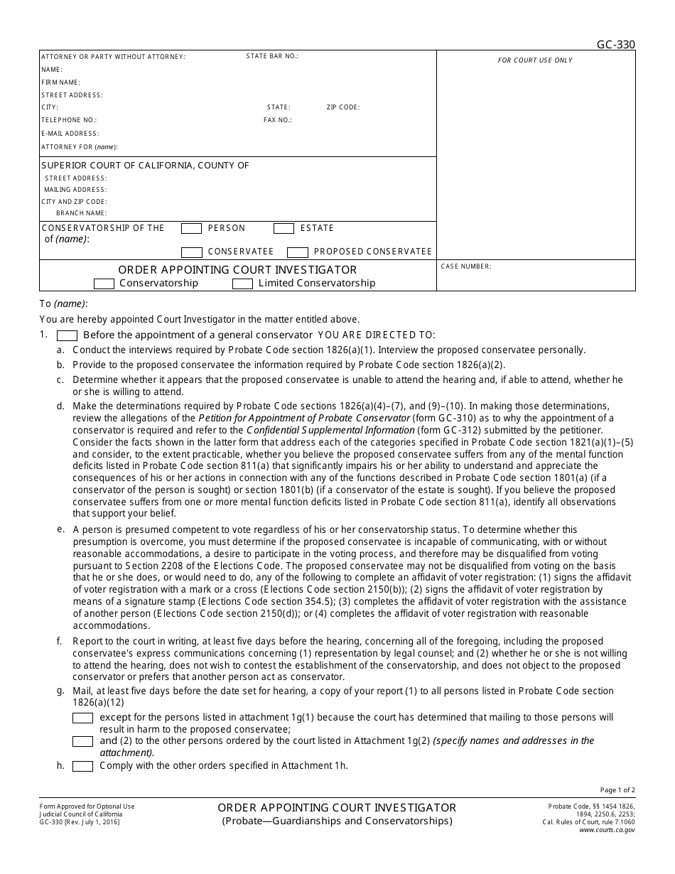 Form GC-330 Order Appointing Court Investigator - California, Page 1