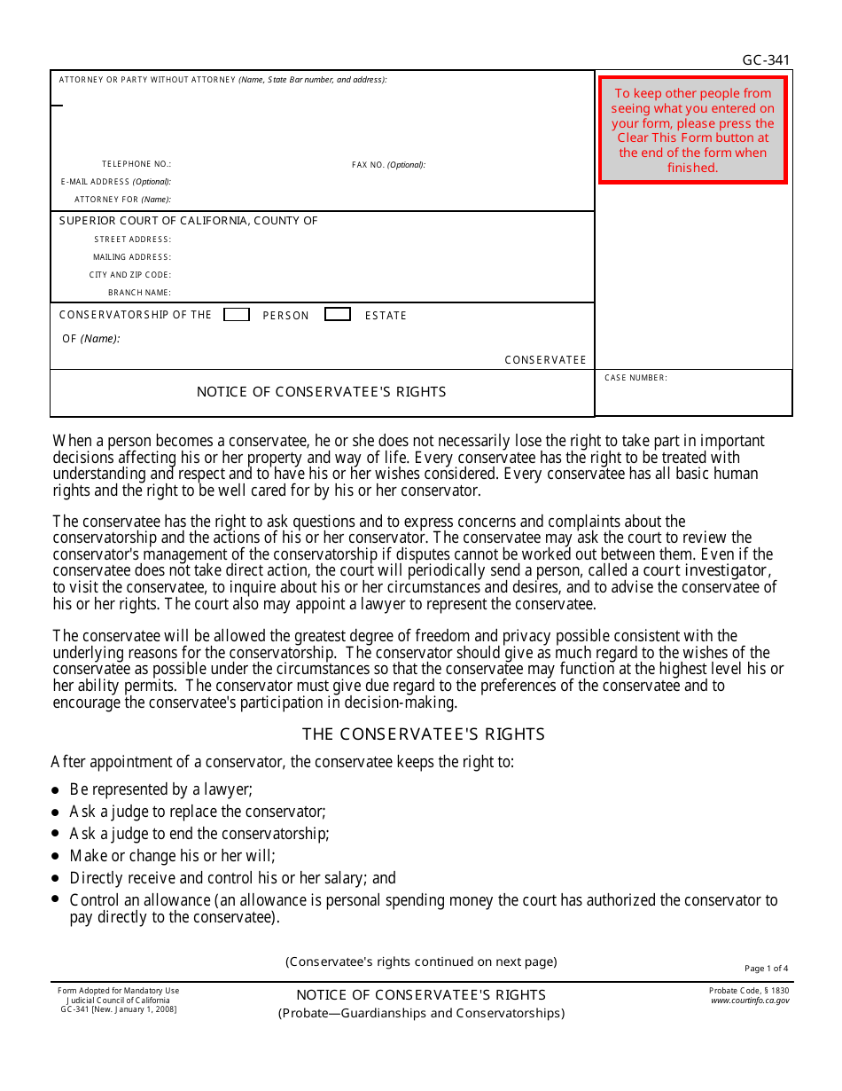 Form GC-341 Notice of Conservatees Rights - California, Page 1