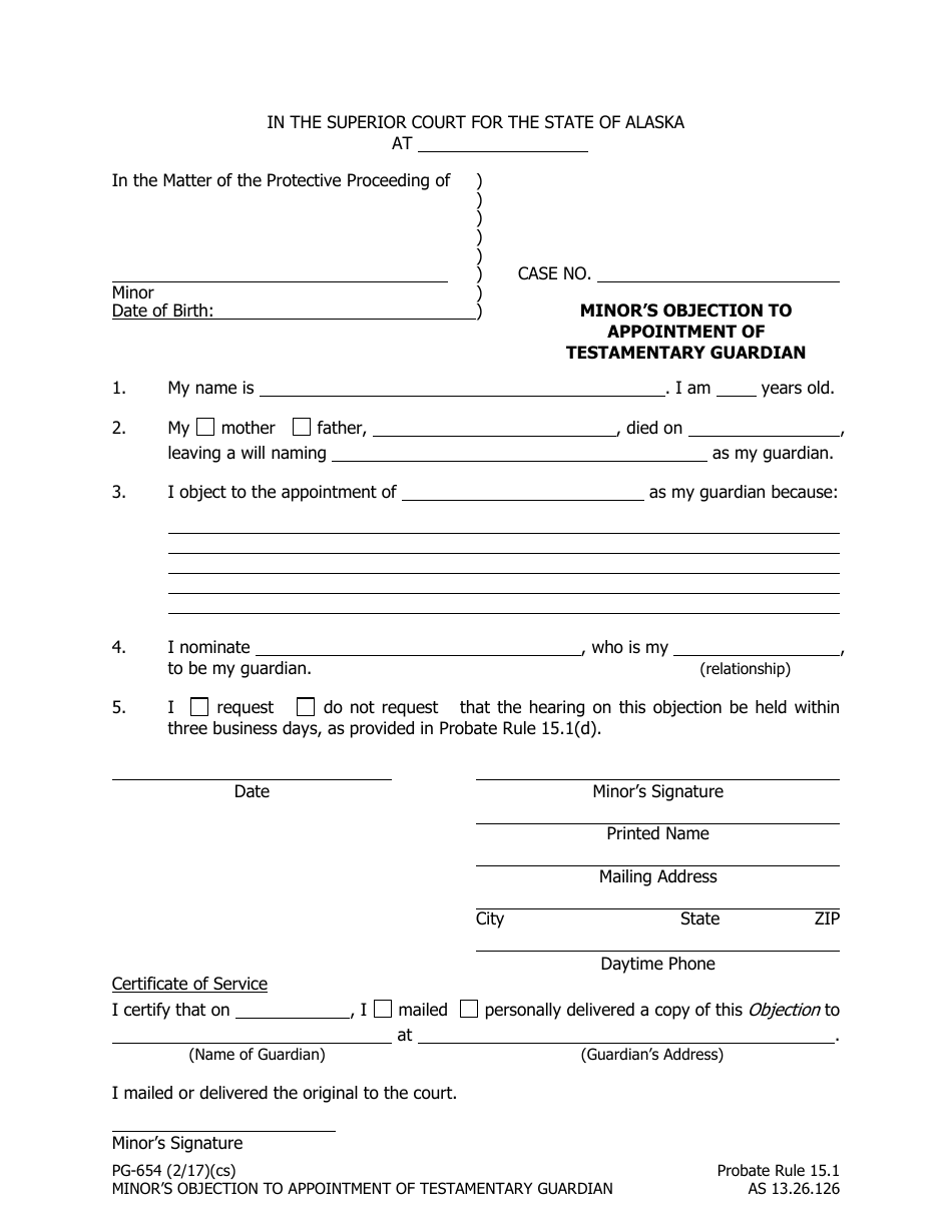 Form PG-654 Minors Objection to Appointment of Testamentary Guardian - Alaska, Page 1