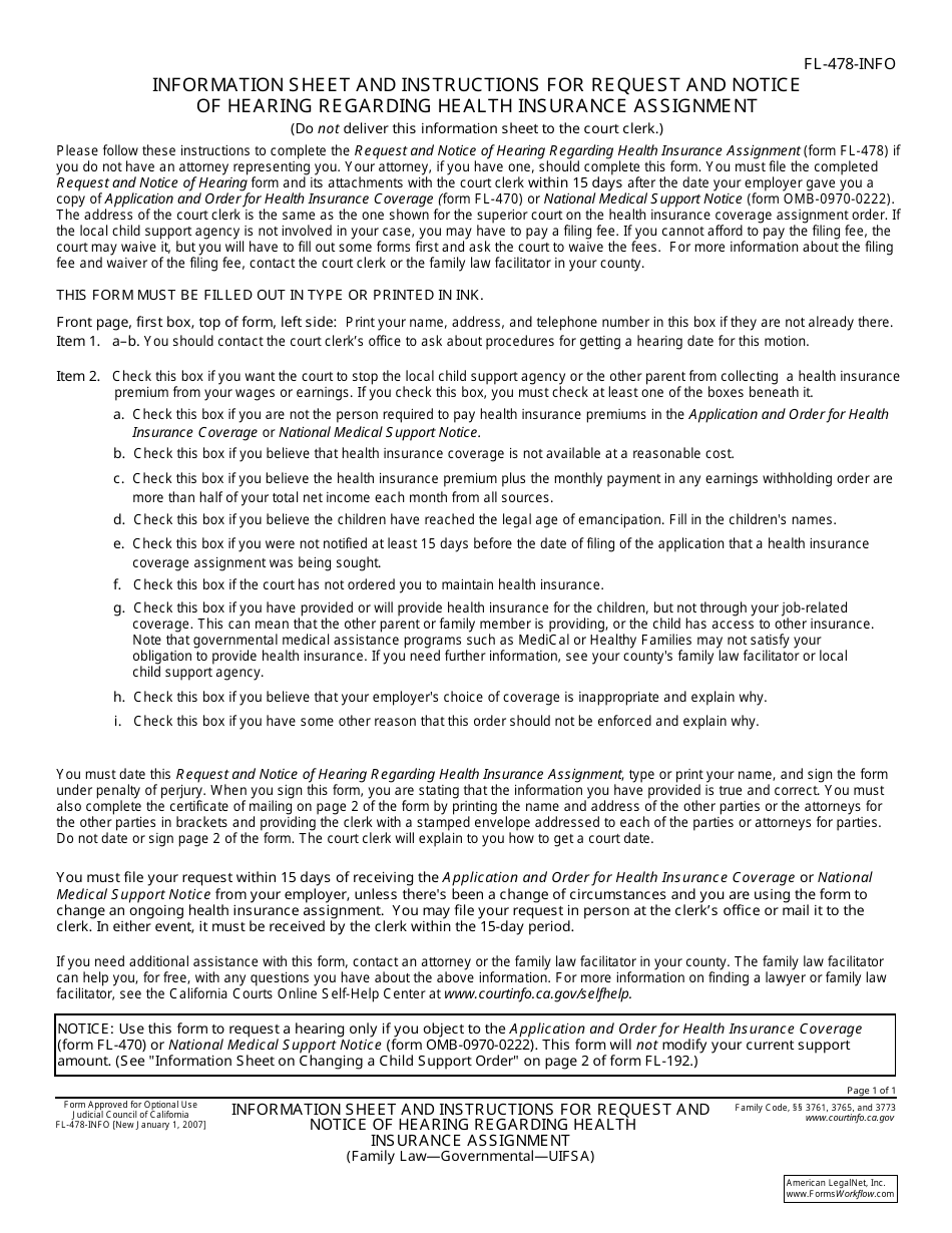 Instructions for Form FL-478-INFO, FL-478 Request and Notice of Hearing Regarding Health Insurance Assignment - California, Page 1