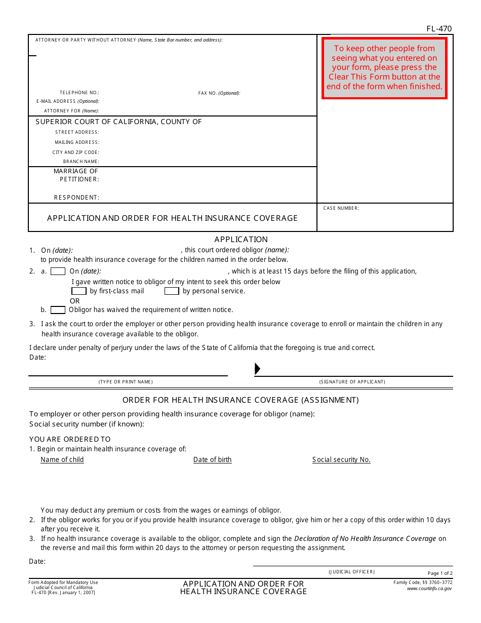 Form FL-470 Application and Order for Health Insurance Coverage - California, Page 1